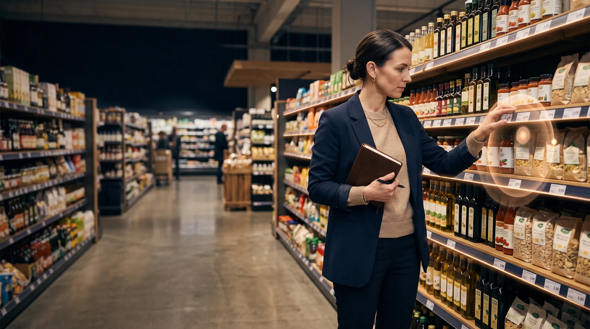A manager checking a product shelf in a supermarket