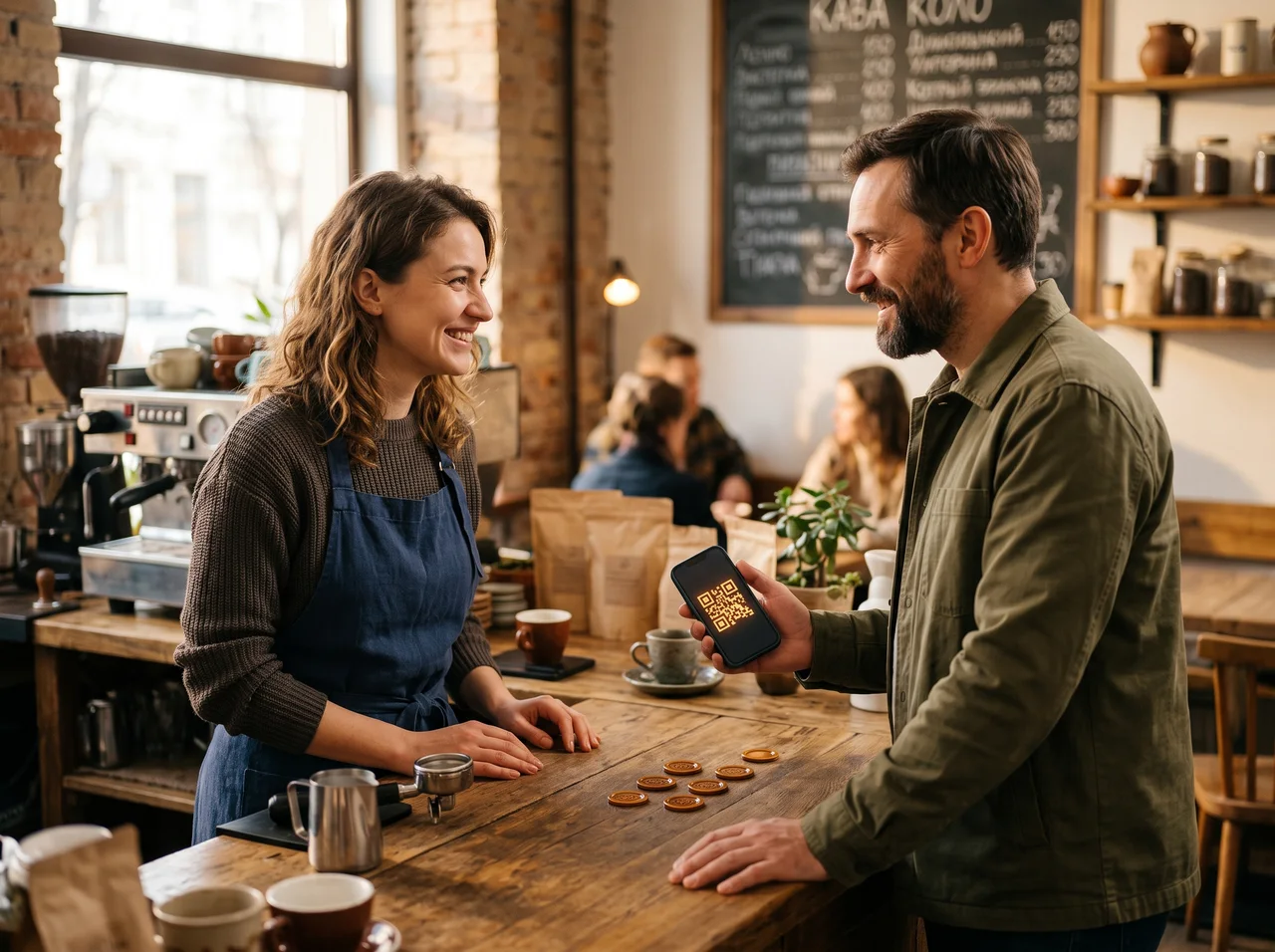 A café owner and a regular customer using a digital loyalty card