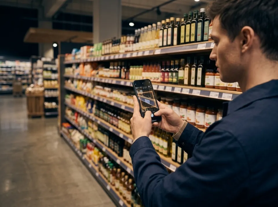 A merchandiser photographing a price tag on the shelf with a smartphone