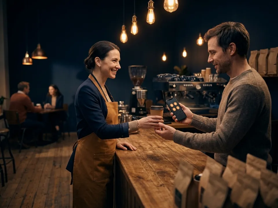 A café owner greeting a regular guest with a digital loyalty card